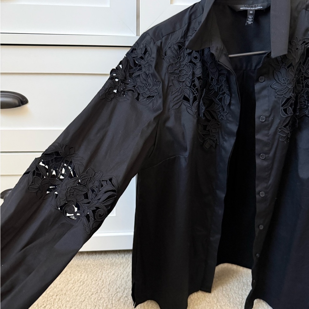 White House Black Market Black Floral Cutout Embroidered Shirt Jacket